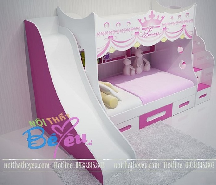 Giường tầng trẻ em có cầu trươt màu hong cho bé gái