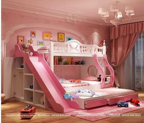 Giường hai tầng trẻ em màu hồng cho bé gái