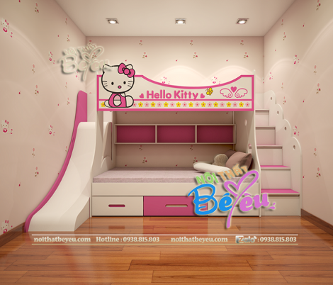 Giường Tầng TRẻ Em Hello Kitty Cho Bé Gái Có Cầu Trượt